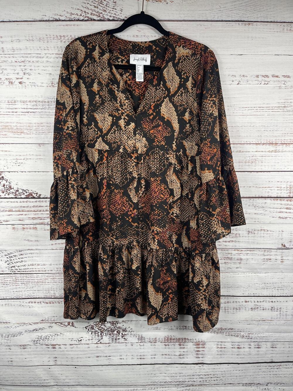 Joseph Ribkoff Dress Women's Size 12 Brown Animal Print Swing Ruffle 3/4 Sleeve